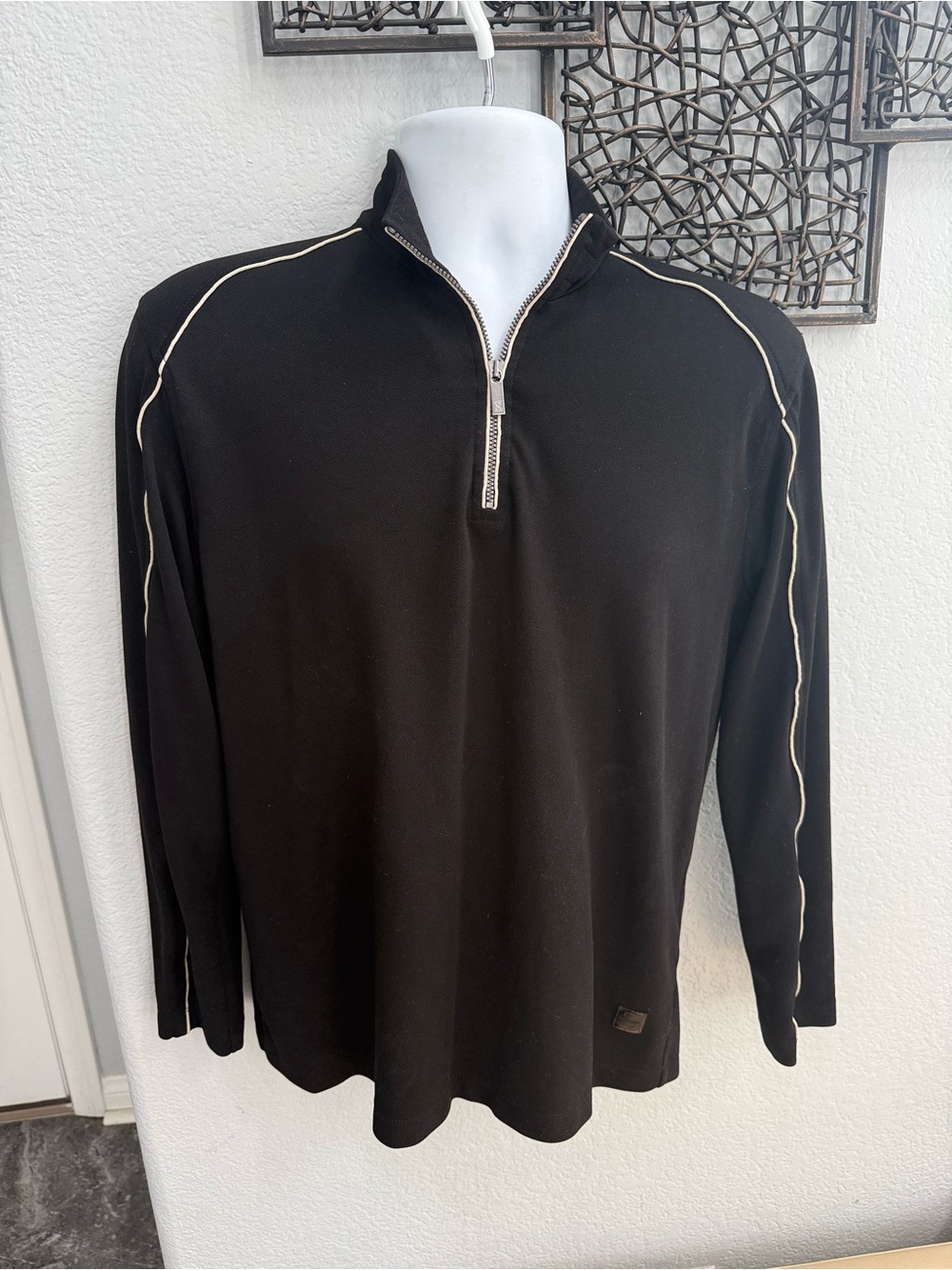 Men's Black Zip-Up Sweater with Contrast Piping